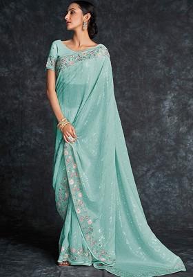 Blue Embellished Poly Blend Saree Set With Blouse