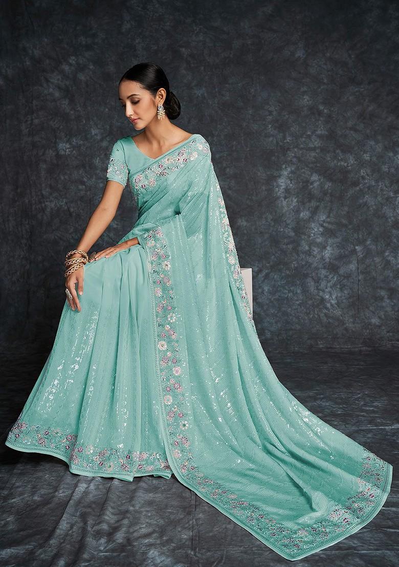 Blue Embellished Poly Blend Saree Set With Blouse