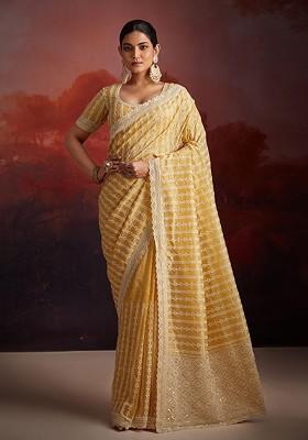 Mustard Yellow Embellished Poly Blend Saree Set With Blouse