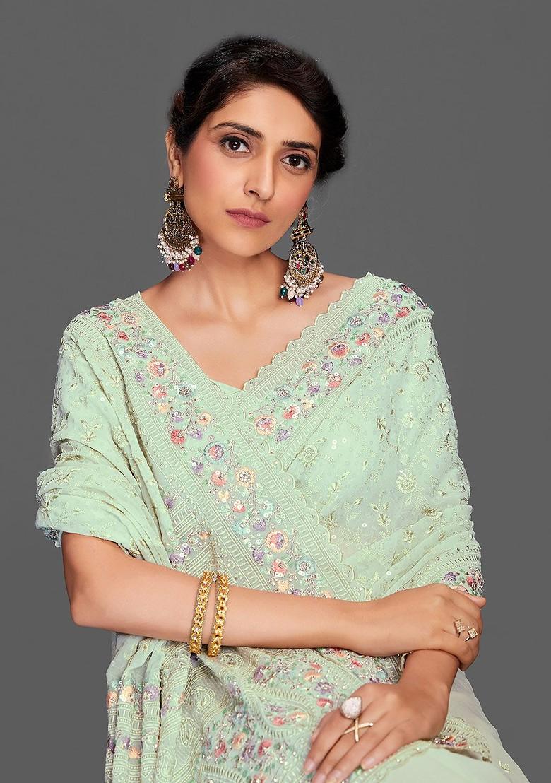 Green Embroidered Poly Blend Saree Set With Blouse