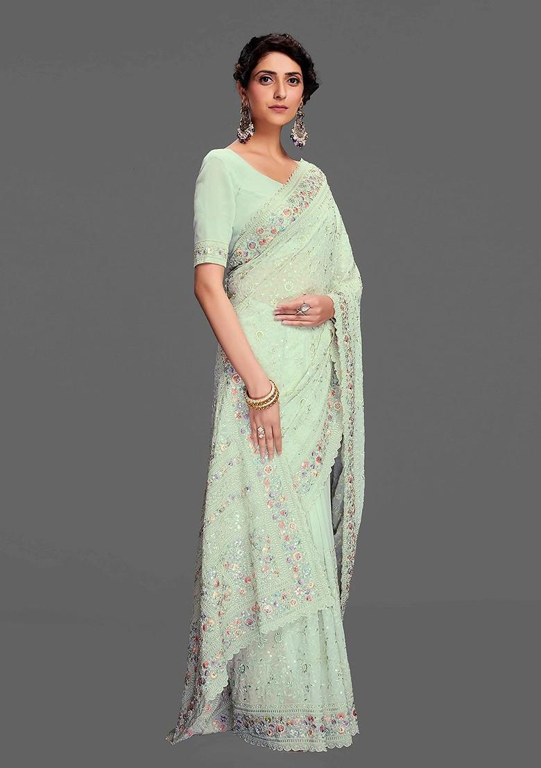 Green Embroidered Poly Blend Saree Set With Blouse