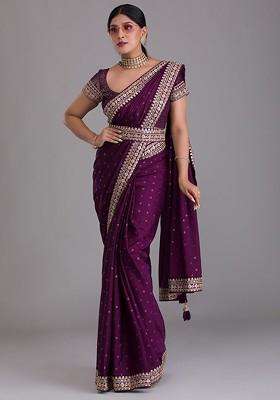 Purple Embellished Poly Blend Saree Set With Blouse