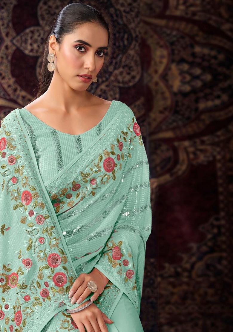Turquoise Blue Embellished Poly Blend Saree Set With Blouse