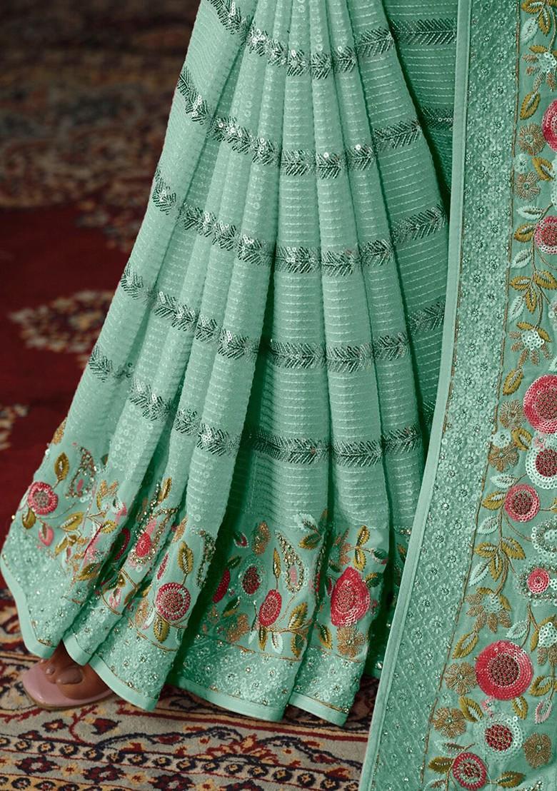 Turquoise Blue Embellished Poly Blend Saree Set With Blouse