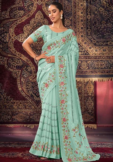 Turquoise Blue Embellished Poly Blend Saree Set With Blouse