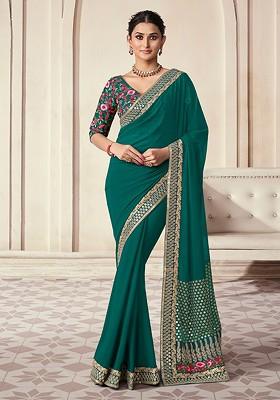 Green Embroidered Poly Blend Saree Set With Blouse
