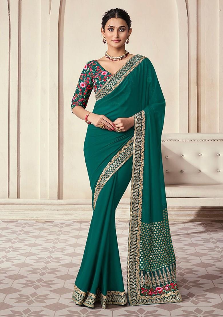 Green Embroidered Poly Blend Saree Set With Blouse