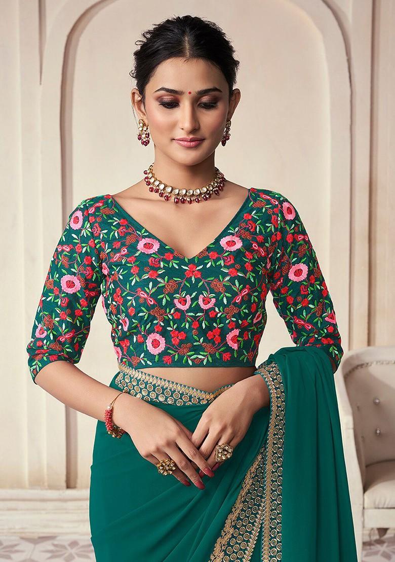 Green Embroidered Poly Blend Saree Set With Blouse