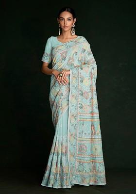 Turquoise Blue Embroidered Poly Blend Saree Set With Blouse