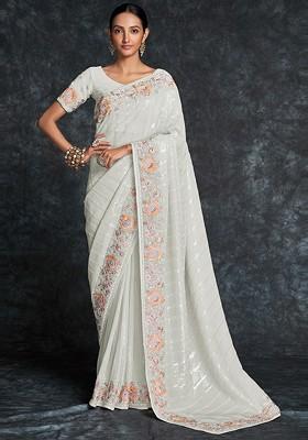 White Embroidered Poly Blend Saree Set With Blouse