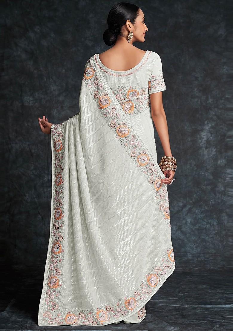 White Embroidered Poly Blend Saree Set With Blouse