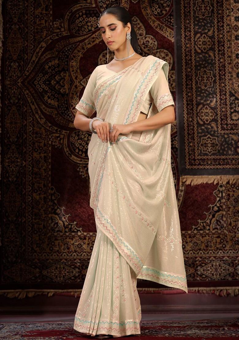 Off White Embellished Poly Blend Saree Set With Blouse