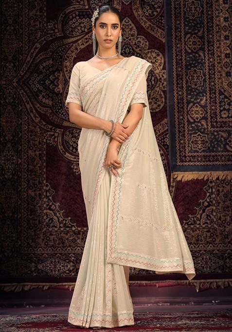 Off White Embellished Poly Blend Saree Set With Blouse