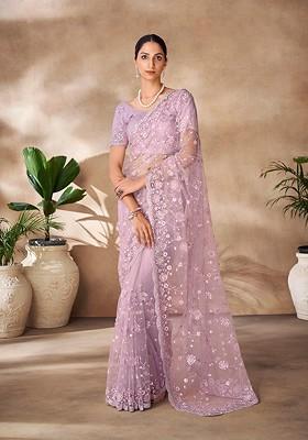 Lavender Embroidered Poly Blend Saree Set With Blouse