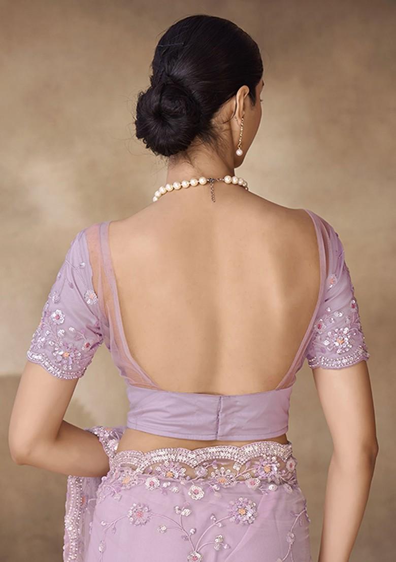 Lavender Embroidered Poly Blend Saree Set With Blouse
