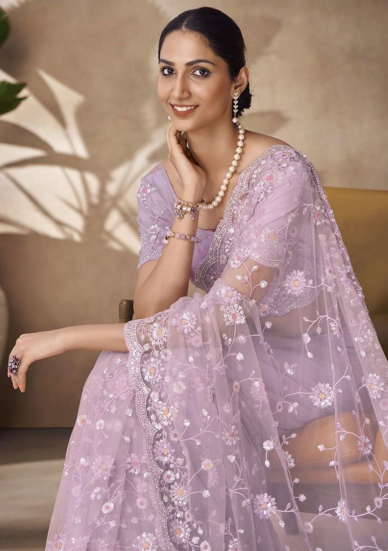 Lavender Embroidered Poly Blend Saree Set With Blouse