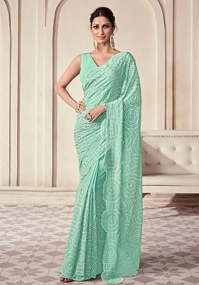 Blue Embellished Poly Blend Saree Set With Blouse