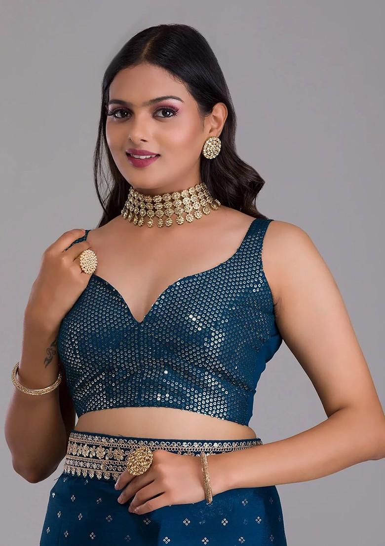 Blue Embroidered Poly Blend Saree Set With Blouse