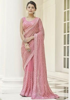 Pink Embroidered Poly Blend Saree Set With Blouse