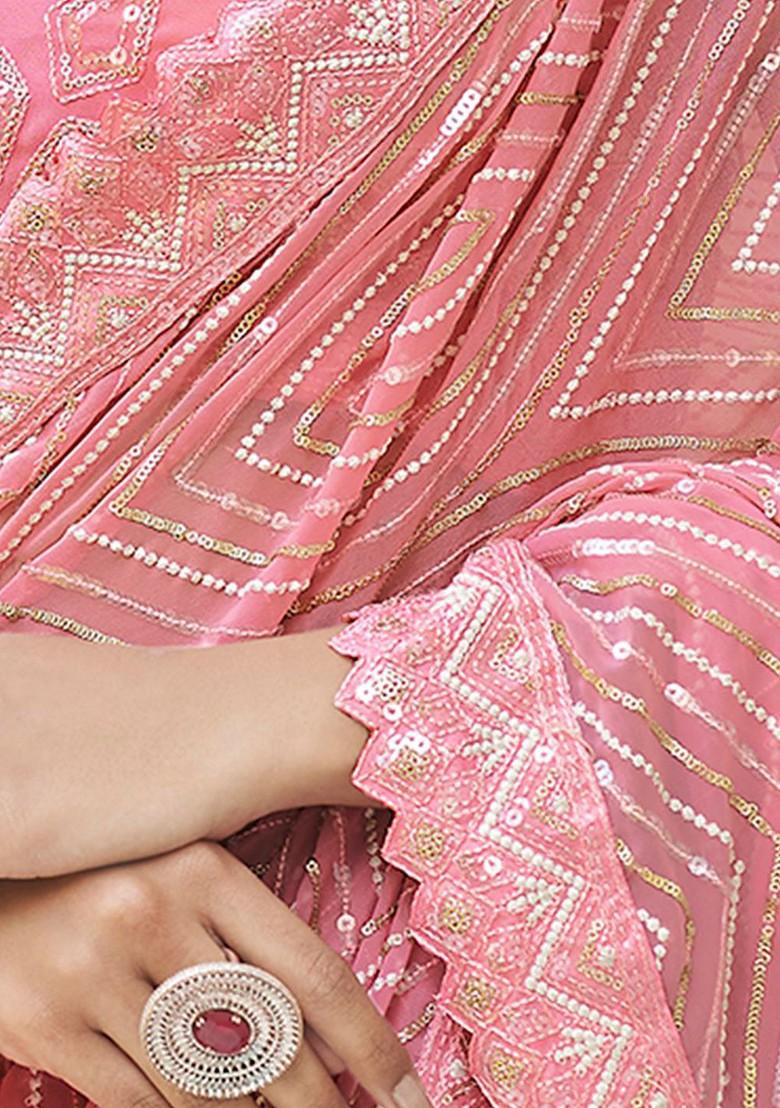 Pink Embroidered Poly Blend Saree Set With Blouse