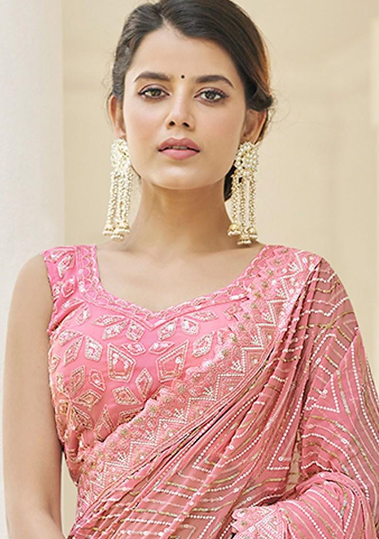 Pink Embroidered Poly Blend Saree Set With Blouse