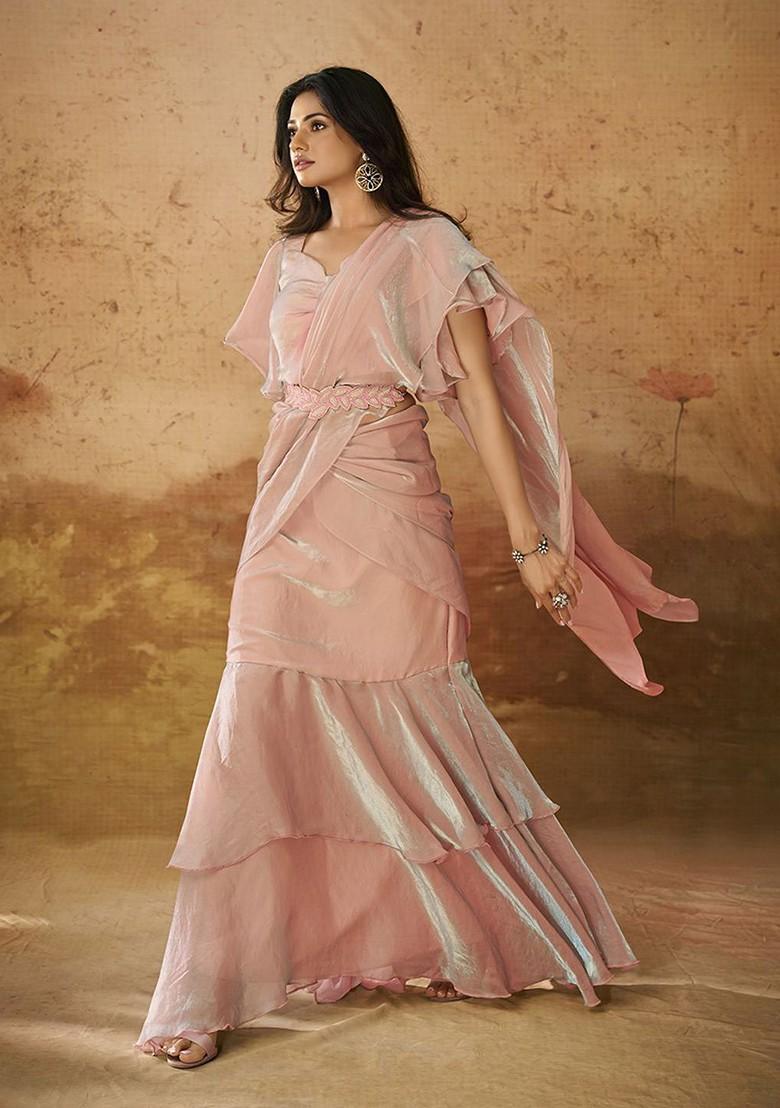 Peach Embroidered Poly Blend Saree Set With Blouse
