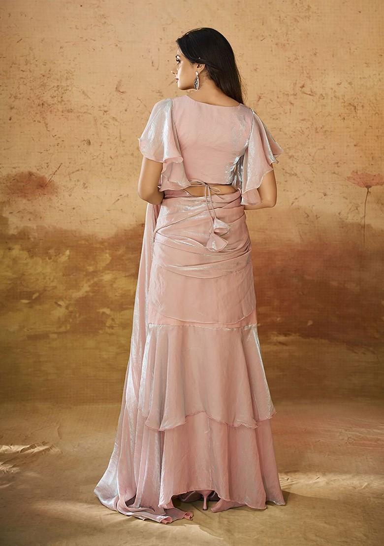 Peach Embroidered Poly Blend Saree Set With Blouse