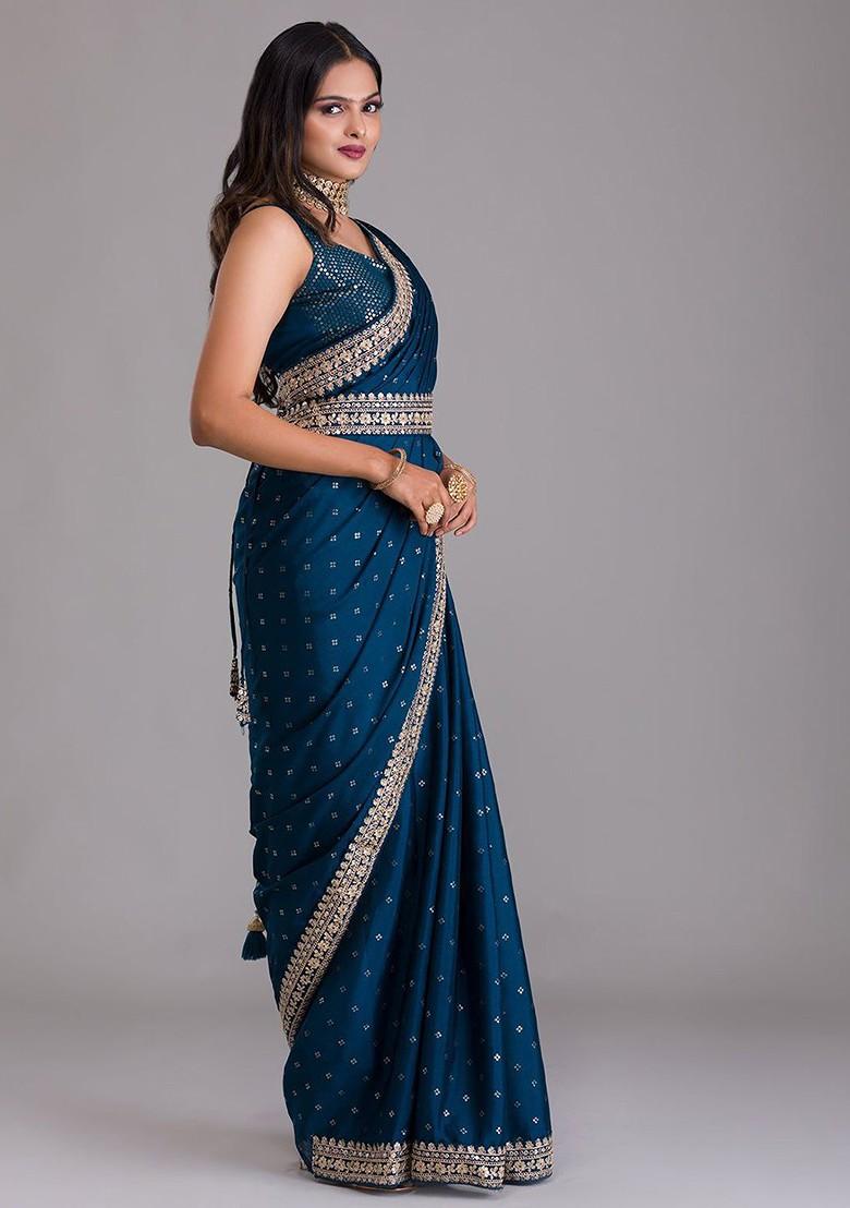 Navy Blue Embellished Poly Blend Saree Set With Blouse