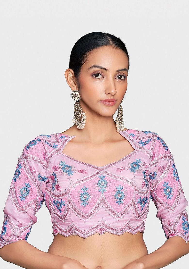 Pink Embroidered Poly Blend Saree Set With Blouse