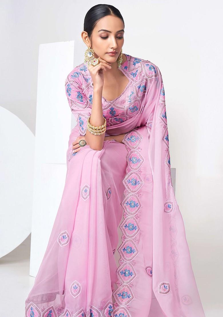 Pink Embroidered Poly Blend Saree Set With Blouse