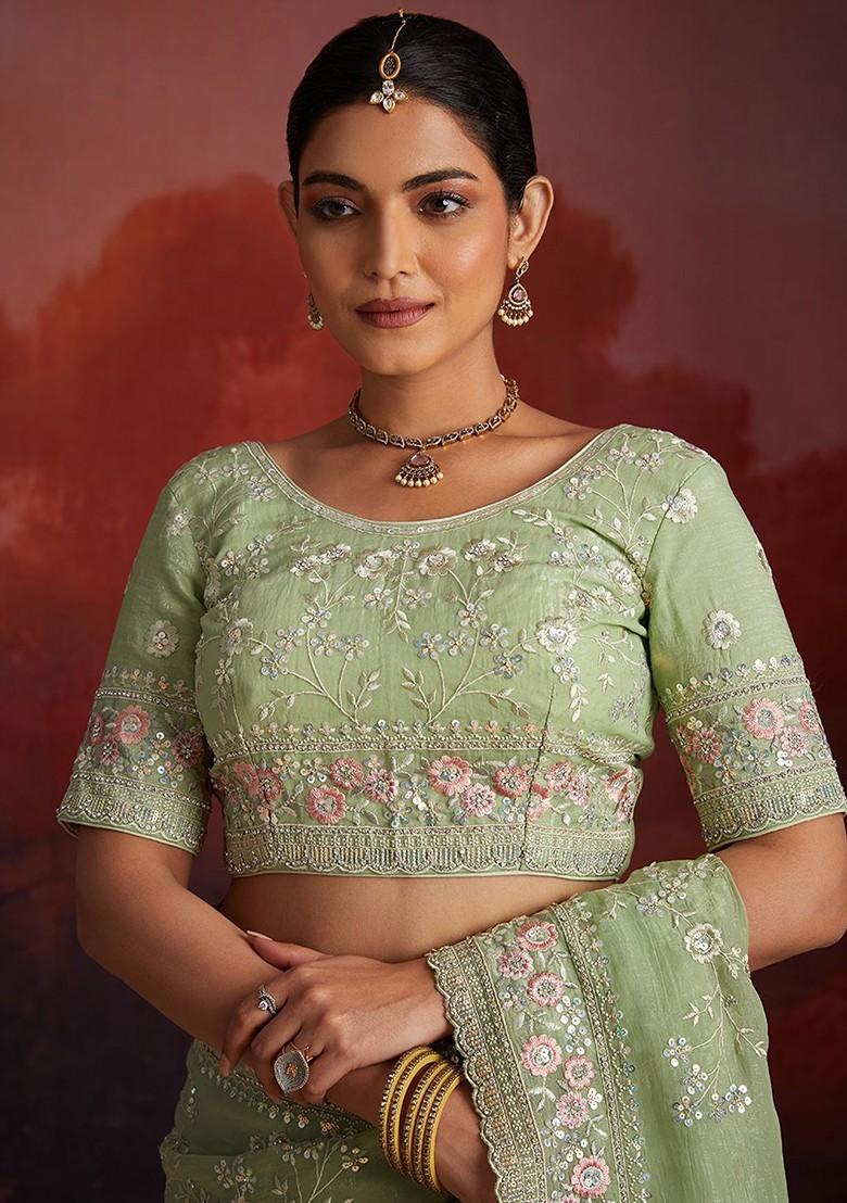 Green Embellished Poly Blend Saree Set With Blouse