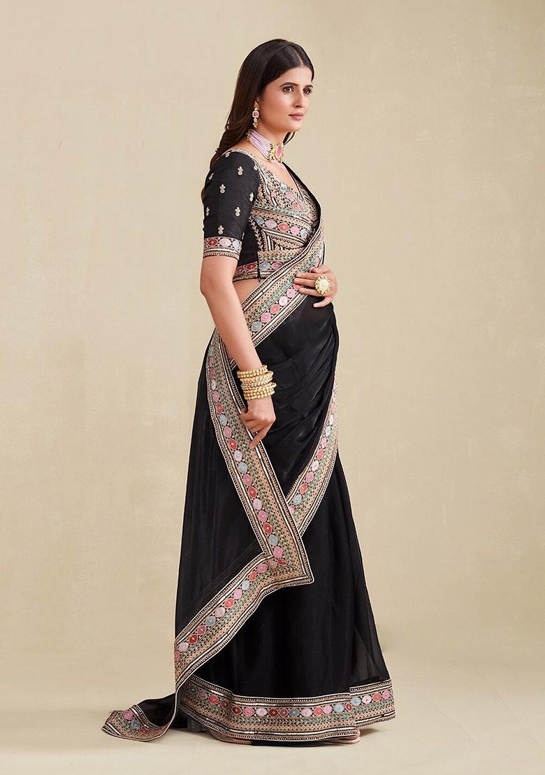 Black Embroidered Poly Blend Saree Set With Blouse
