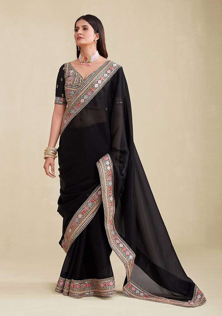 Black Poly Blend With Blouse Saree Set with Embroidered for Diwali | Wedding & Festive Wear - Indya