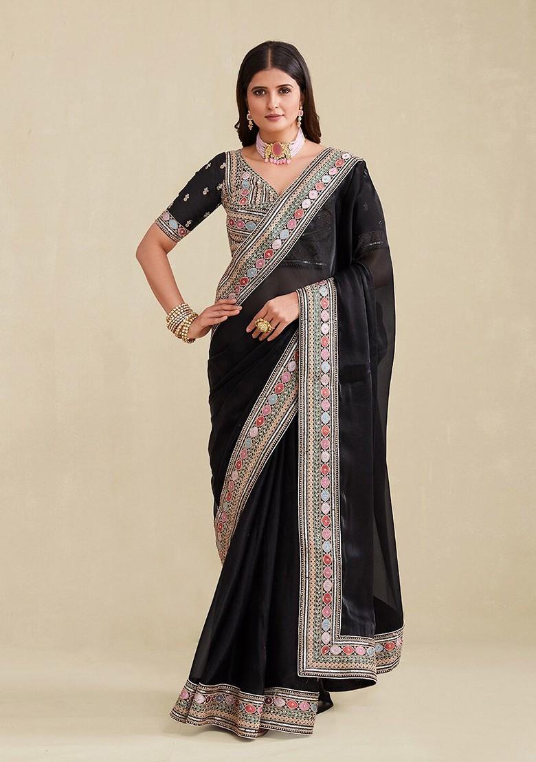 Black Embroidered Poly Blend Saree Set With Blouse