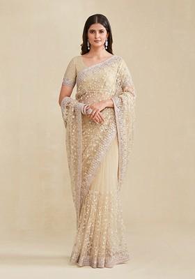Champagne Beige Embellished Poly Blend Saree Set With Blouse