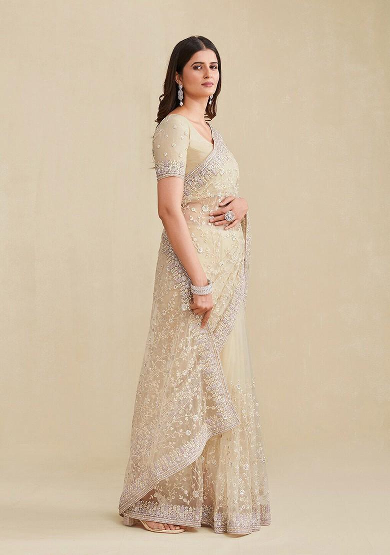 Champagne Beige Embellished Poly Blend Saree Set With Blouse