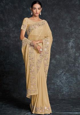 Mustard Yellow Embroidered Poly Blend Saree Set With Blouse