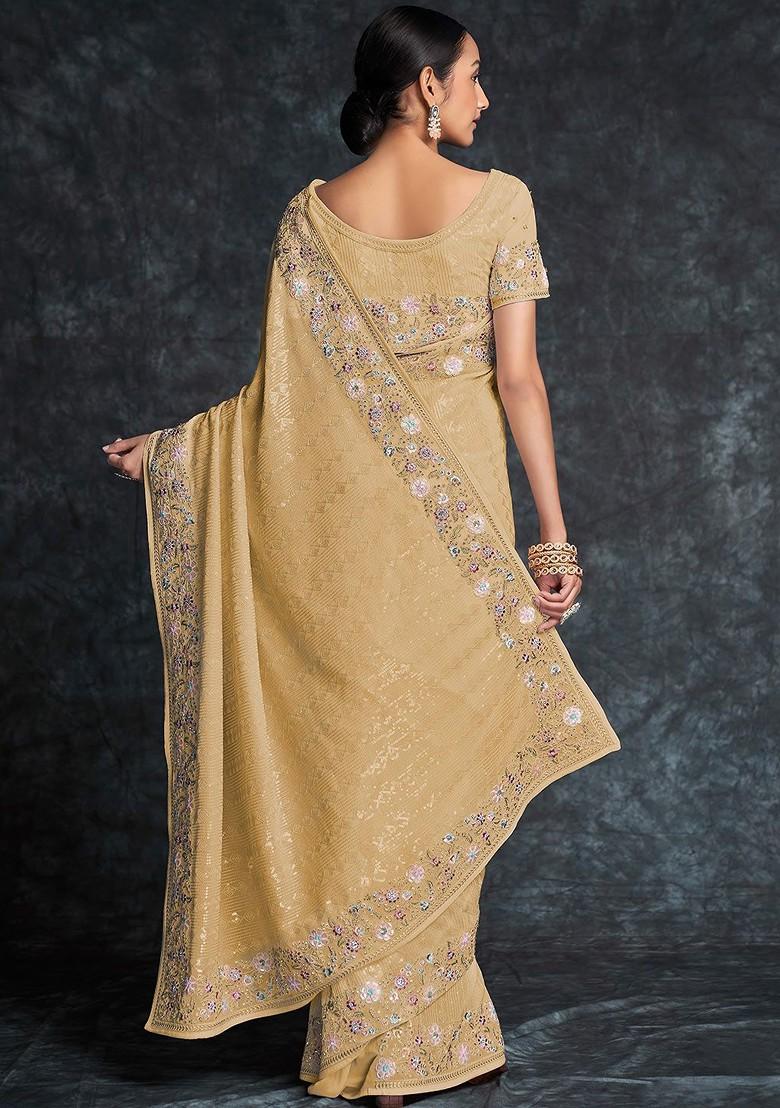 Mustard Yellow Embroidered Poly Blend Saree Set With Blouse