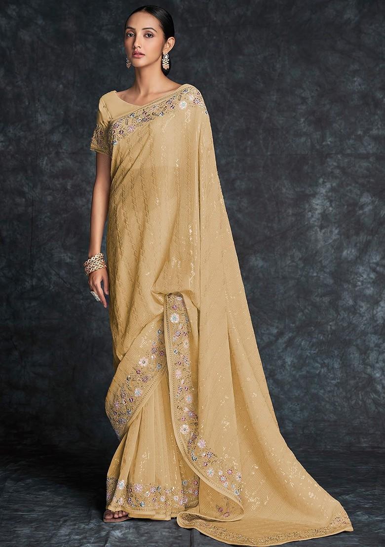 Mustard Yellow Embroidered Poly Blend Saree Set With Blouse