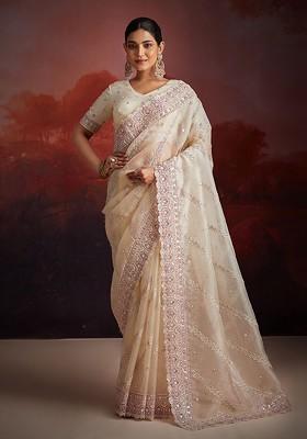 White Embellished Poly Blend Saree Set With Blouse
