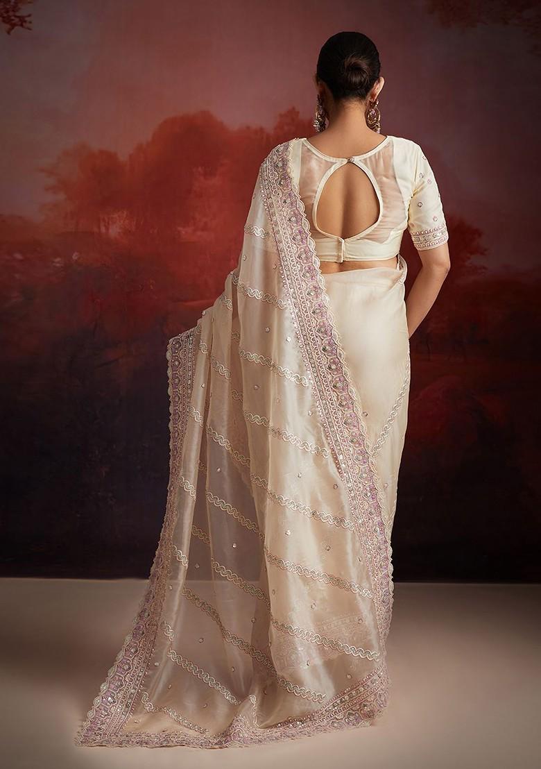 White Embellished Poly Blend Saree Set With Blouse