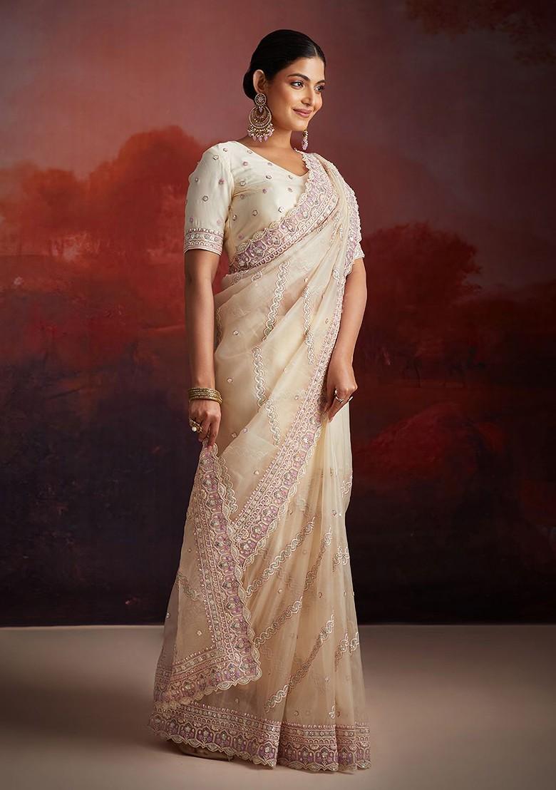 White Embellished Poly Blend Saree Set With Blouse