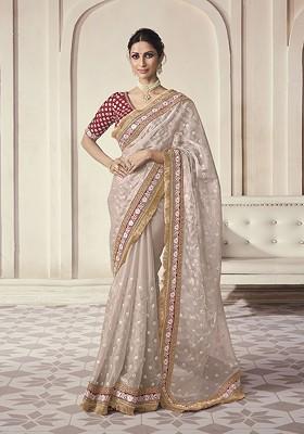 Beige Embroidered Poly Blend Saree Set With Blouse