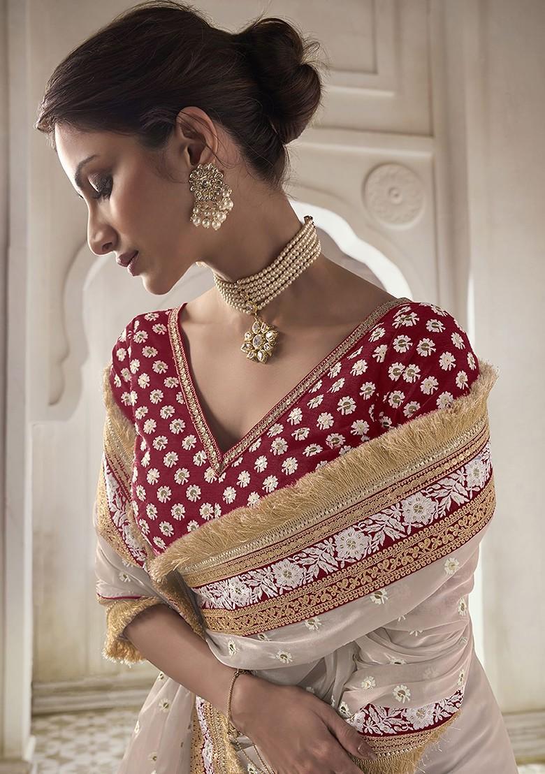 Beige Embroidered Poly Blend Saree Set With Blouse