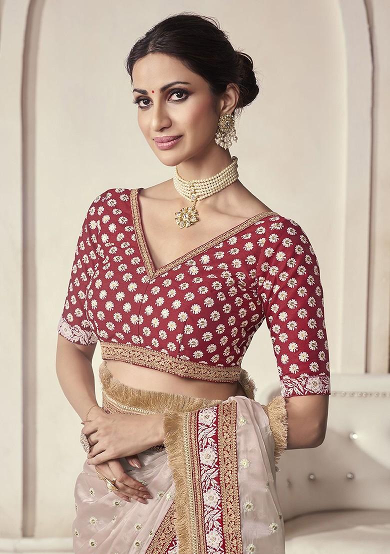 Beige Embroidered Poly Blend Saree Set With Blouse