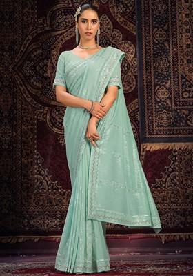 Turquoise Blue Embellished Poly Blend Saree Set With Blouse