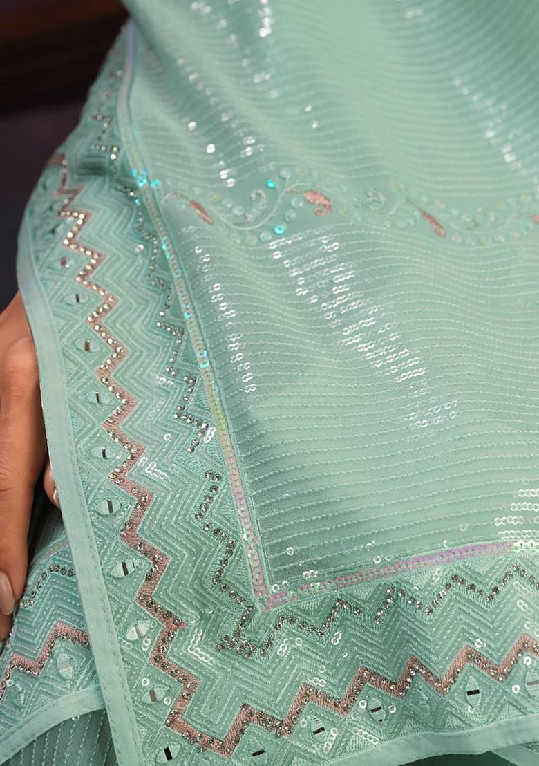 Turquoise Blue Embellished Poly Blend Saree Set With Blouse
