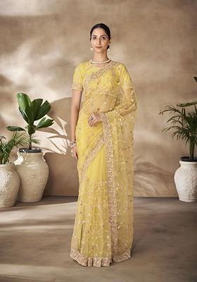 Yellow Embellished Poly Blend Saree Set With Blouse