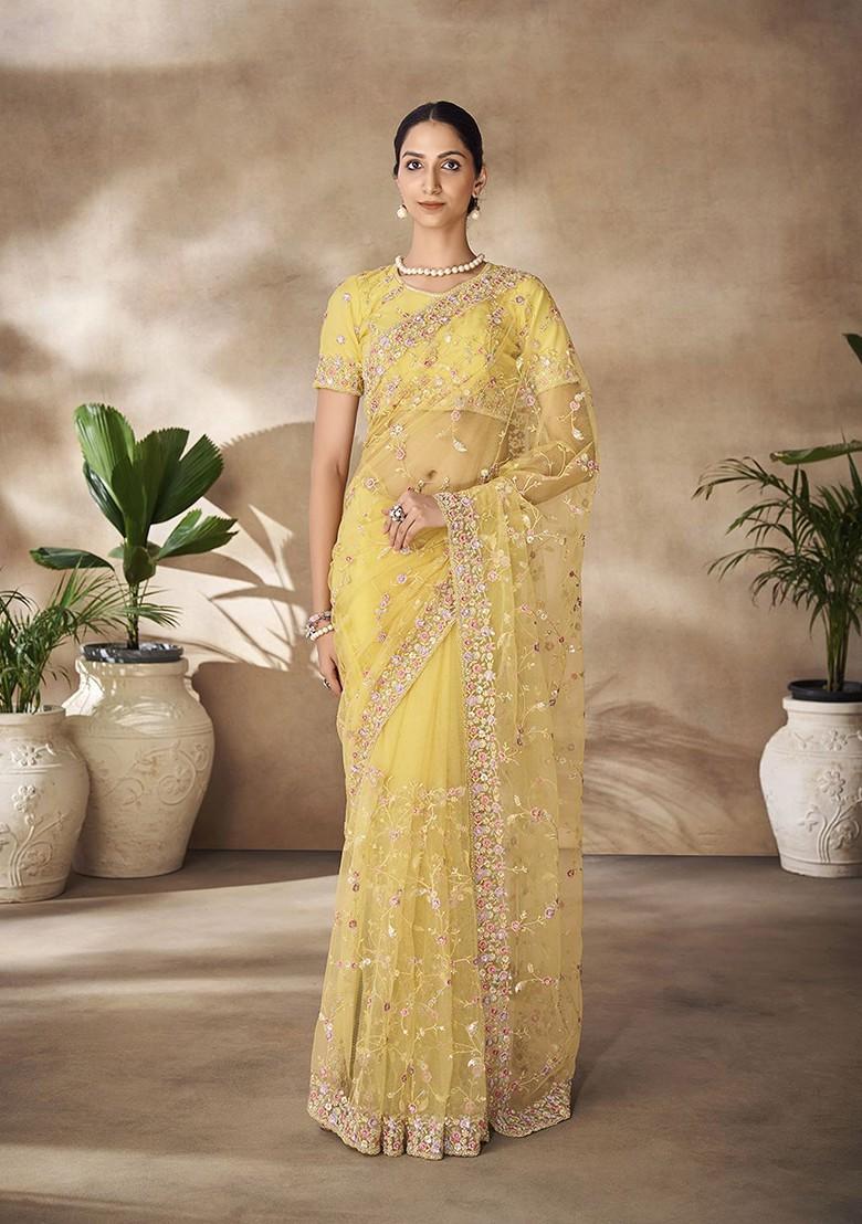 Yellow Embellished Poly Blend Saree Set With Blouse