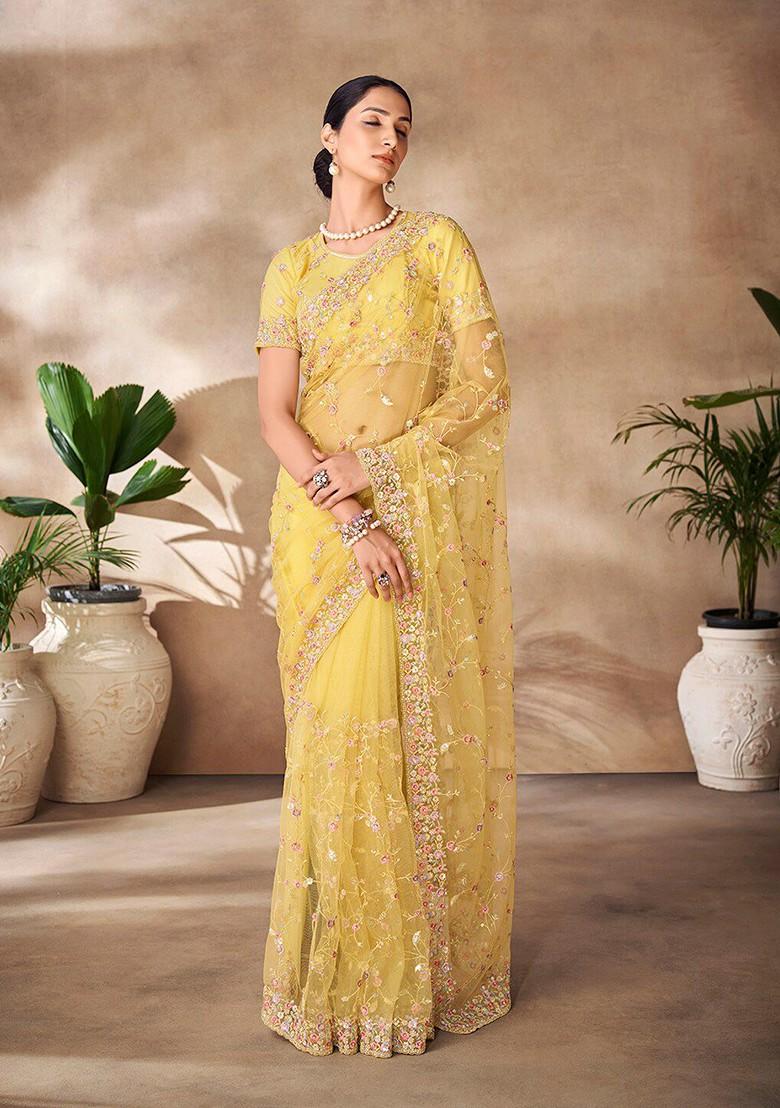 Yellow Embellished Poly Blend Saree Set With Blouse